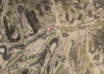 Jožefinski vojaški zemljevid 1784–1785; s krožcem je označeno sakralno obeležje v Kurji vasi title=