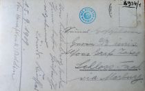 Sprednja in hrbtna stran fotografije transporta lokomobile za parno žago po Gornjem trgu v Lovrencu junija 1909 (hrani Pokrajinski arhiv Maribor, SI_PAM/1851, Gospoščina Fala, škatla 163, ovoj 7) title=