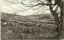 Panoramska razglednica Lovrenca iz leta 1910 (založil Hans Boldin); leva puščica označuje parno žago GAJ, desna Kasjakovo parno žago – »mašin žago« (hrani avtor) title=